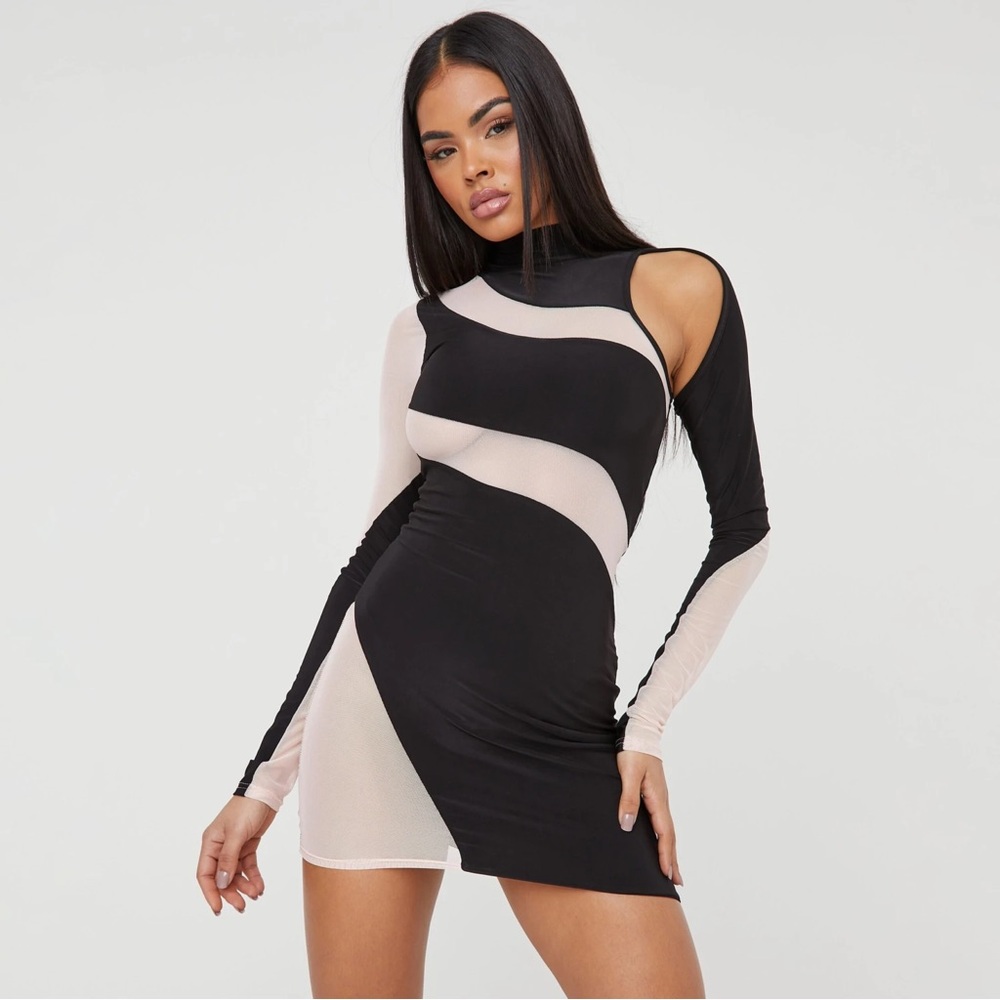 EGO Black & Nude Mesh Panel Bodycon Mini Dress Size 4